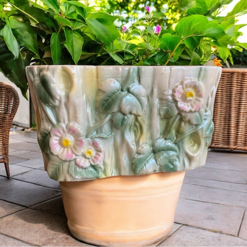 Vintage 1950s Wales Pottery Japan Floral Log Planter Cottagecore MCM